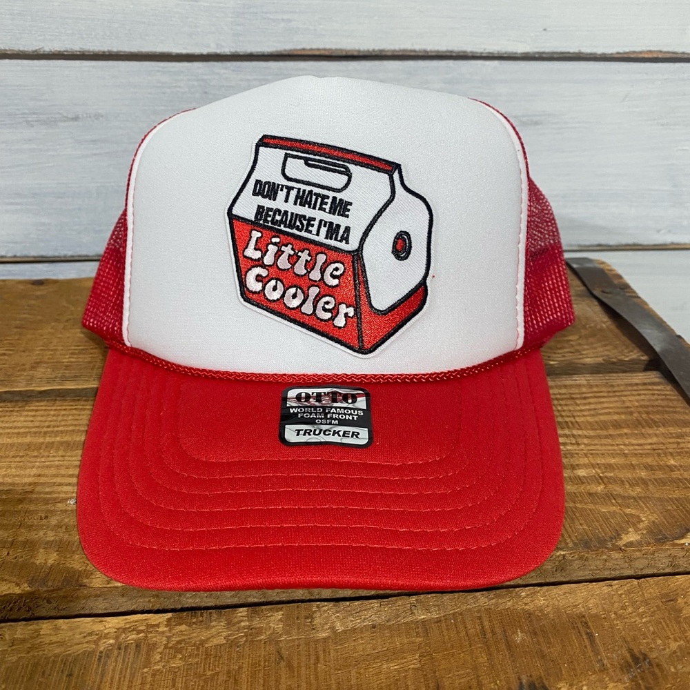 OTTO Red and White Graphic Trucker Hat with an embroidered “Little Cooler” patch